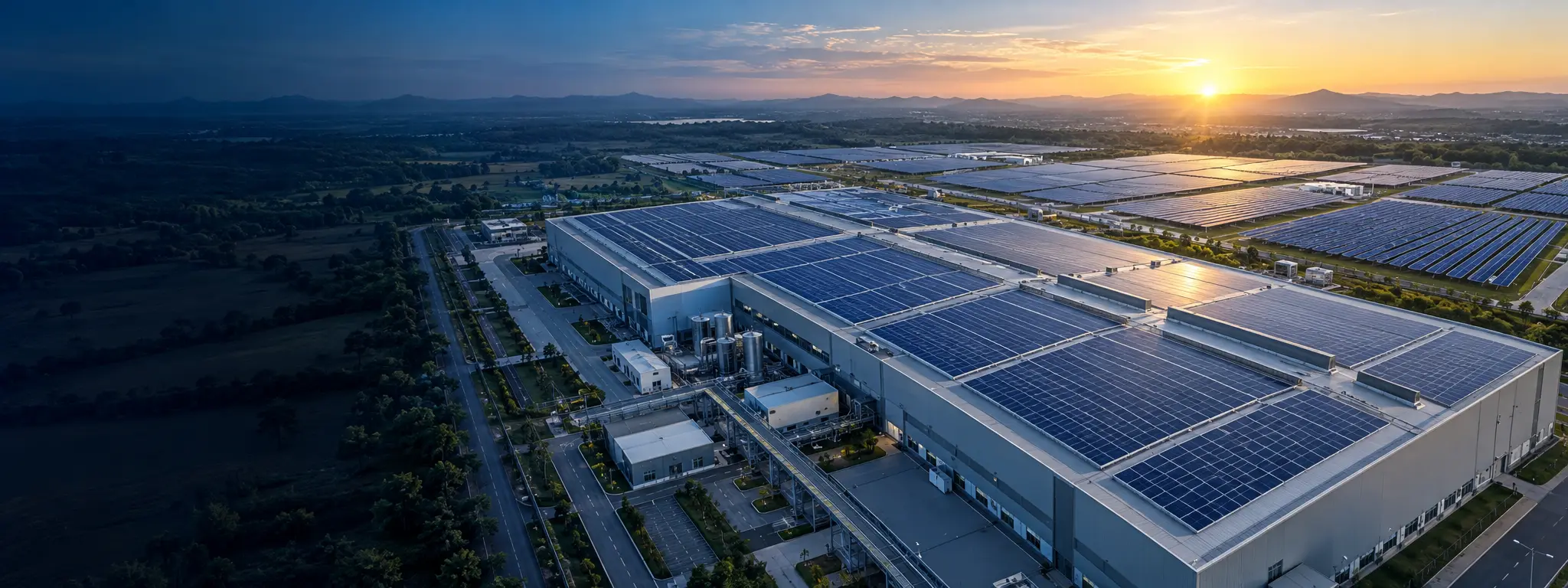 Industrial rooftops and solar farm at sunrise